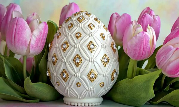 Elegant faberg&eacute;style egg amidst blooming tulips in a springtime setting