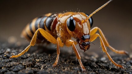 Close-up of an insect with an amber colored exoskeleton and black stripes, walking on rough, dark, granular terrain.