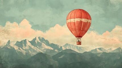 Digital illustration depicts a hot air balloon soaring over mountainous peaks under a cloudy sky.