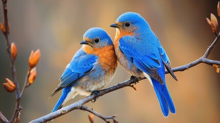 Naklejka premium A pair of bluebirds sitting together on a branch
