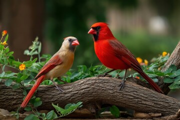 Fototapeta premium Two Cardinals Perched on Branch in Natural Habitat Together
