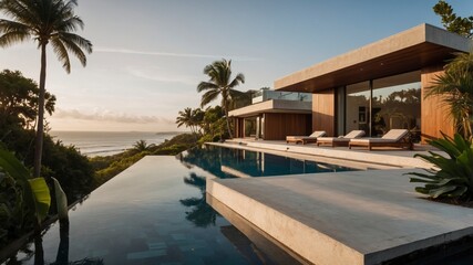 Fototapeta premium Charming modern house exterior featuring stylish design and unique architecture surrounded by lush nature creating a relaxed and cozy environment