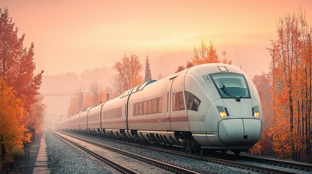 Sunset scenic views high-speed rail gliding through the countryside