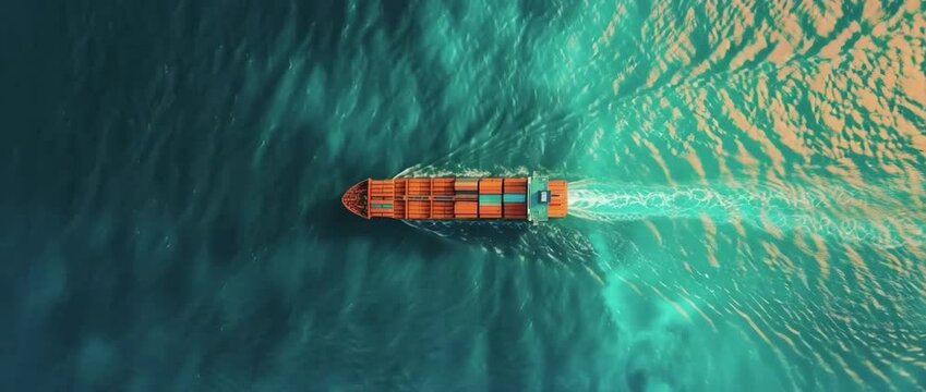 aerial view of the container ship cutting through the deep blue water, leaving a trail of white waves