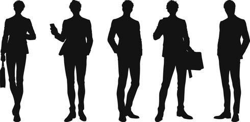 Vector silhouettes of young businessman in various poses, holding briefcases and smartphones, showcasing modern corporate attire and dynamic postures