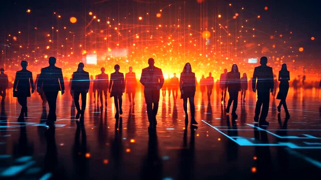 Silhouetted figures walking towards a bright digital landscape filled with data connections