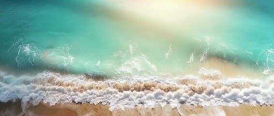 Top view of the turquoise waves gently crashing onto the sandy shore, creating soft white foam