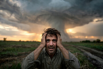 Tornado is approaching. A man holds his head in horror.