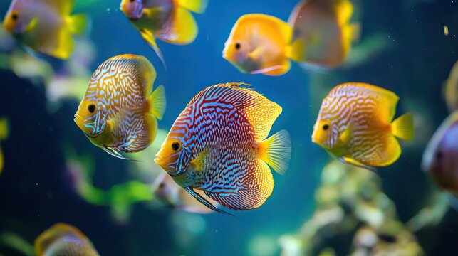 A school of discus fish gliding through the water