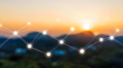 Data Flow over Landscape: Abstract geometric lines overlaid on a blurred landscape, evoking concepts of interconnectedness and digital evolution against a backdrop of a radiant sunset.