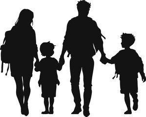 Vector silhouette of a family walking together, symbolizing unity and adventure. Perfect for travel, holiday, and bonding themes, highlighting togetherness and exploration