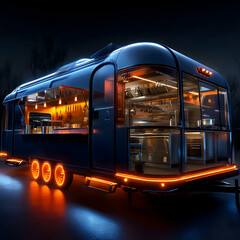 Sleek food truck with glowing orange lights showcasing a modern kitchen interior at night time