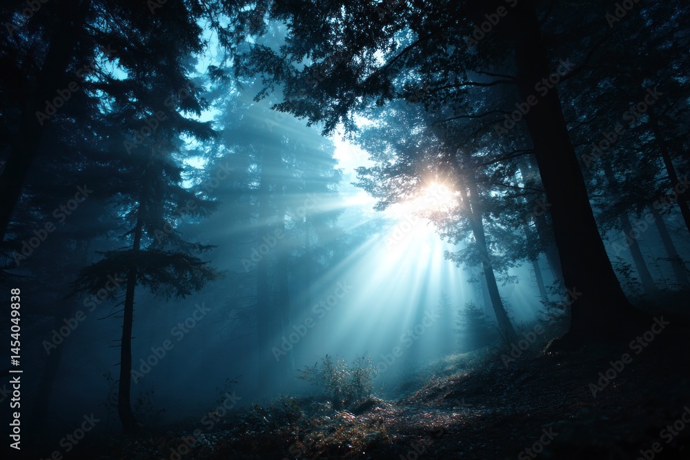 Poster sunlight streaming through misty forest creating a dark and atmospheric scene