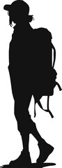 Vector silhouette of a woman wearing a cap and carrying a backpack, symbolizing travel and adventure