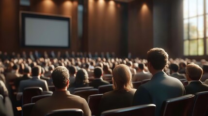 Conference seminar audience presentation business event lecture hall crowd of people watching screen