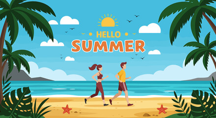 Flat style vector illustration of a summer beach scene with a jogging couple, palm trees, and sunshine—perfect for summer holiday themes, travel promotions, or seasonal content