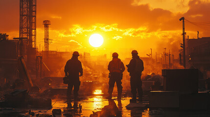 Fototapeta premium Three workers silhouetted against a vibrant sunset over an industrial site, possibly post-incident