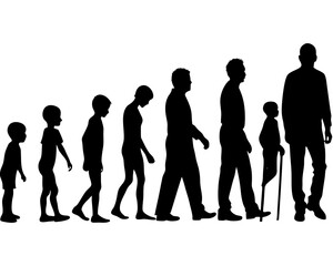 Vector illustration. Silhouette of growing up man from baby to old age. Many people of different ages in a row.
