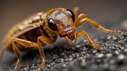 Closeup photograph of a golden brown insect with segmented legs and compound eyes, perched on a textured surface.