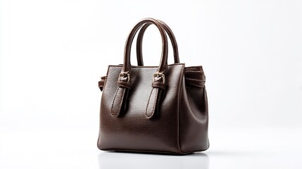 Elegant brown leather handbag on a clean white background studio setting