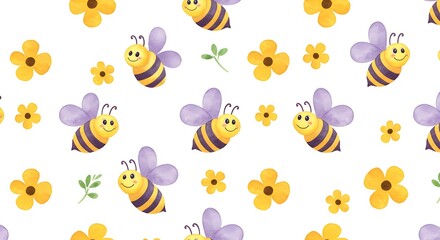 Playful Honey Bees & Yellow Flowers Seamless Watercolor Pattern on White Background for Kids Design Projects, Textiles, & Wallpapers