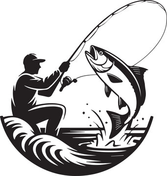 fisherman reeling in jumping fish clip art preview