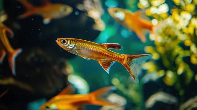 A swordtail fish swimming with others in a tank