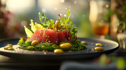 Slices of raw tuna, encrusted with black sesame seeds and topped with greens, are arranged on a dark plate with cucumber, edamame, and sauce.