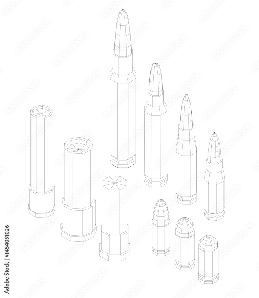 Poster a series of bullets are drawn in black and white. the bullets are of different sizes and shapes, and