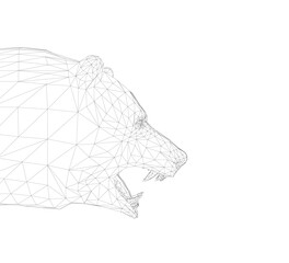 A bear's face is shown in black and white, with its mouth open and teeth bared. Concept of danger and aggression, as if the bear is ready to attack