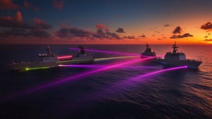 Naval Fleet: A squadron of warships navigate the open sea at sunset, beams of light cutting across the darkening sky, emphasizing the power and coordination of the naval fleet.