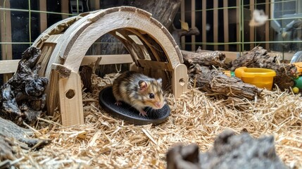 A tiny hamster running on a wheel in a cozy cage
