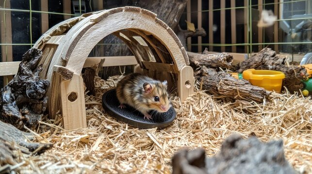 Fototapeta A tiny hamster running on a wheel in a cozy cage