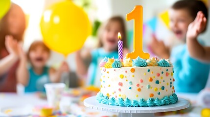 A delicious first birthday cake with colorful sprinkles and a number one candle, surrounded by happy children celebrating. Perfect for invitations or party supplies.