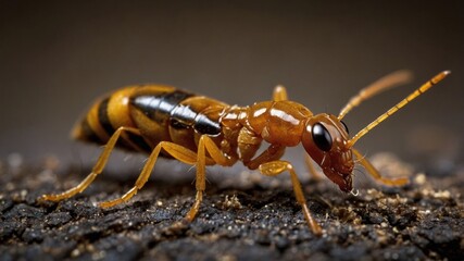 Fototapeta premium Detailed close-up showcasing ant with segmented body, slender legs, long antennae crawling on dark textured surface