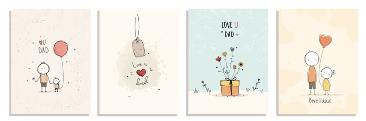 Set of Father's Day greeting Cards with flowers and hearts