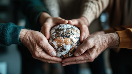 This heartwarming image depicts the hands of multiple generations gracefully cradling a globe-like object, symbolizing unity, family bonds, and the shared responsibility for our planet's future.