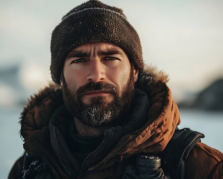 Man outdoors, winter portrait, snowy landscape - Powered by Adobe