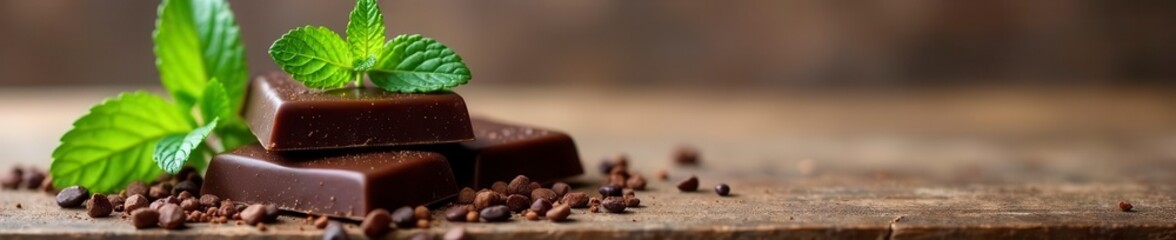 Dark chocolate chunks, fresh mint sprigs on rustic wood , overhead, flatlay