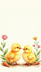 Delicate watercolor chicks, carrots, spring blooms on cream, flower, vibrant