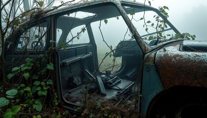 Decaying Automobile: Nature's Embrace on a Rusting Relic Lost in the Foggy Depths of Time