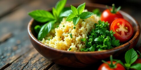 Finely chopped parsley, bulgur, mint, and tomatoes in a rustic wooden bowl , macro, recipe, Mediterranean