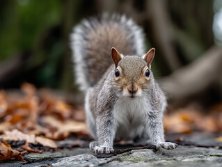 Squirrel on Ground with Autumn Leaves / 가을 낙엽 사이 땅 위에 있는 다람쥐