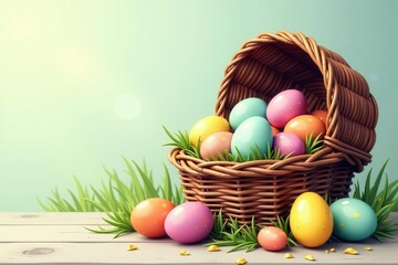 Hand-drawn cartoon eggs overflowing from wicker basket , pattern, basket