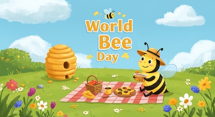 Adorable Cartoon Bee Character in Hat Enjoys a Picnic on a Cheerful "World Bee Day," Surrounded by Flowers and a Hive in a Sunny Meadow, Promoting Ecology and Conservation