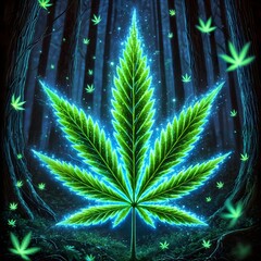 Neon green cannabis leaf with glowing stars