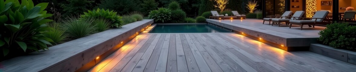 Luxurious ash grey composite deck with integrated lighting , landscape design, planks, integrated lighting