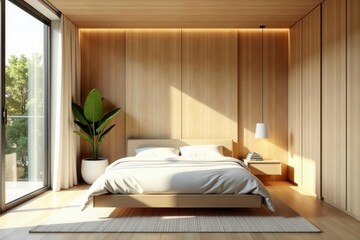 Light wood bedroom, minimalist design, calm ambiance, photo, natural