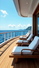 Luxury cruise vessel, deck chairs empty, vast ocean backdrop , ocean view, sail