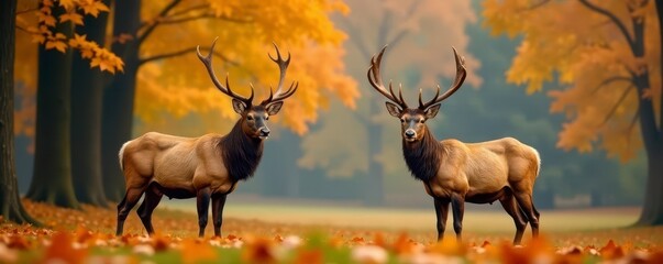 Mature red deer stags, impressive antlers, vibrant autumn setting, powerful, mammal, forest